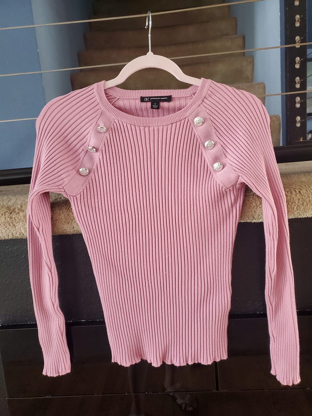INC International Concepts Dusty Pink Ribbed Button-Shoulder Sweater